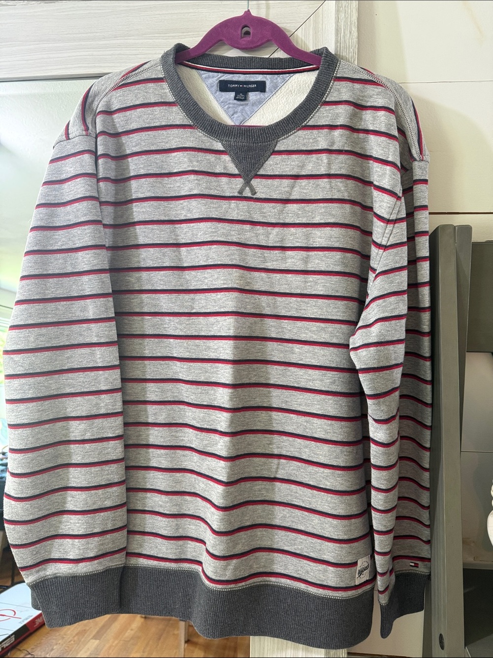 Tommy Hilfiger Gray Crewneck Sweater with Red Stripes